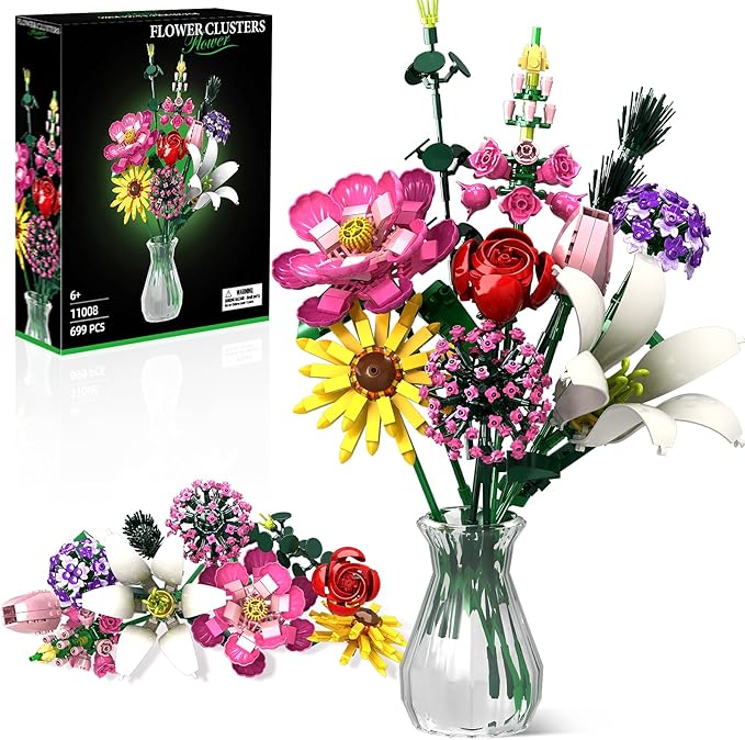 Flower Building Kit, 699 PCS Eternal Flower Bouquet with Peony, Rose, Sunflower, Lily & More, DIY Floral Arrangement Set for Home Decor, Gift for Christmas Day, Building Blocks for Adults & Kids