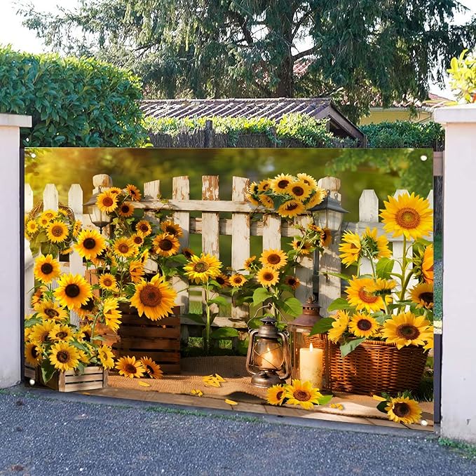 Rustic Sunflowers Backdrop Rustic Wooden Fence Sunflower Floral Photography Background for for Girls Woman Garden Party Banner Decoraitons Portrait Photo Booth Studio Props 10x7ft FU042DX