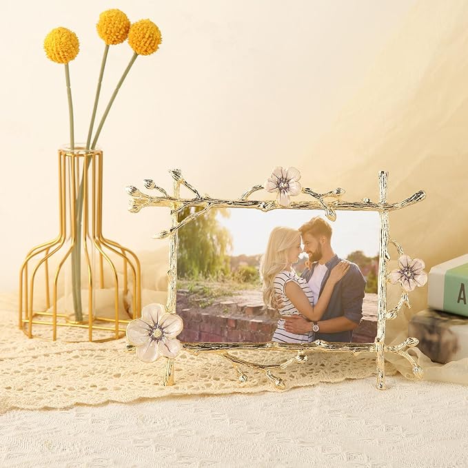 4x6 Gold Picture Frame Decor Ornate Pink Floral Metal Photo Frames with High Definition Glass Front, Art Decor Tabletop Display, Gifts Ideas for Women on Anniversary Christmas