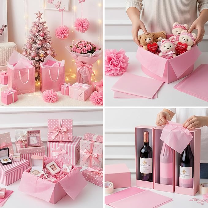 Qilery 500 Sheets Pink Tissue Paper Bulk for Gift Bags 15 x 20 Inch Acid Free Christmas Packaging Wrapping Paper Sheets for Valentine's Day Wedding Decoration DIY Flowers, Pom Poms Crafts Supplies