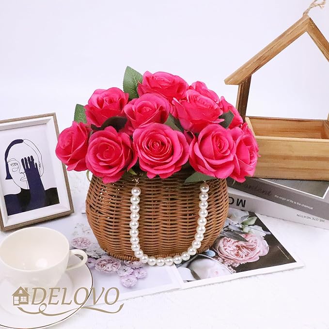 52pcs Hot Pink Roses Artificial Flowers Fake Flowers Silk Roses with Stems for DIY Wedding Bouquets Bridal Shower Centerpieces Arrangements Party Decorations