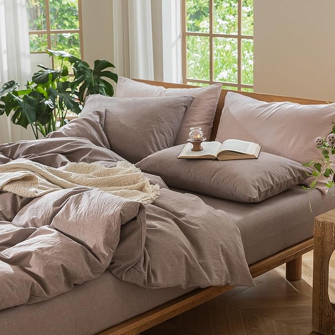 MooMee Bedding Duvet Cover Set 100% Washed Cotton Linen Like Textured Breathable Durable Soft Comfy (Heathered Mauve Brown, Super King 108"x98")