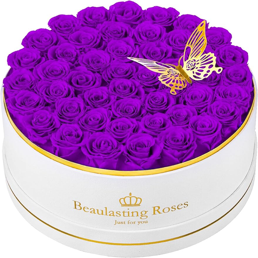 Preserved Roses Forever Flowers Real Roses in a Box Mother's Day Birthday Flowers for Her Mom Women Wife Valentine's Day, 47 Purple Roses