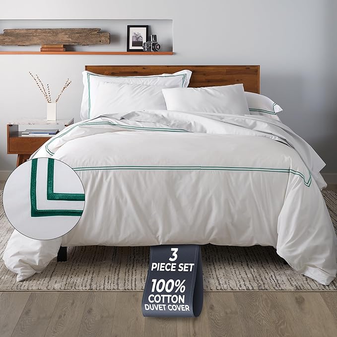 Ella Jayne Duvet Cover Queen Size (3 Pcs), 100% Cotton Percale, Full/Queen, Soft, Breathable & Lightweight, Including Duvet Cover (1 Piece) 90 x 90 Inches with 2 Pillow Shams (Dark Green Design)
