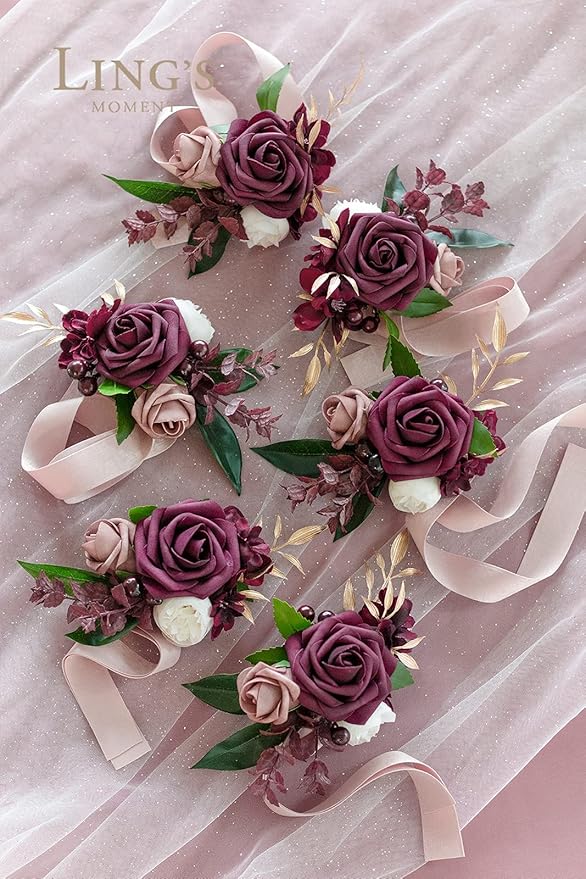 Ling's Moment Set of 6 Wrist Corsage for Wedding Ceremony for Bridesmaid Mother Grandmother for Bridal Shower Wedding Flower Prom, Marsala & Burgundy