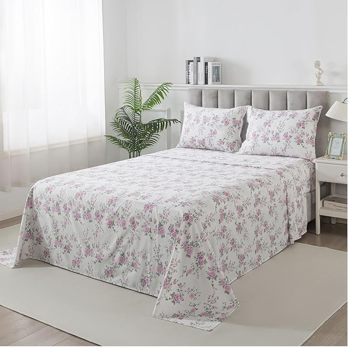 FADFAY Vintage Floral King Size Sheets Set Premium 100% Cotton Shabby Purple Rose Pattern Coquette Cottagecore Bedding Set Deep Pocket Sheets with 2 Pillowcases Luxury Breathable Soft 4Pcs, King