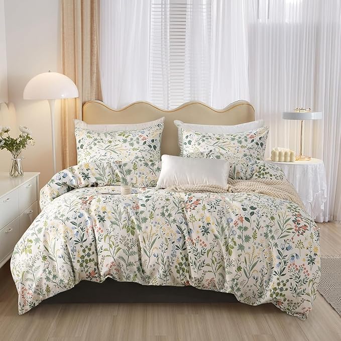 HighBuy Boho Floral Comforter Set Queen with 2 Pillowcases Lightweight 3 Pieces Farmhouse Shabby Chic Floral Bedding Set for Women Girl Farmhouse Flower Bedding Comforter Set All Season