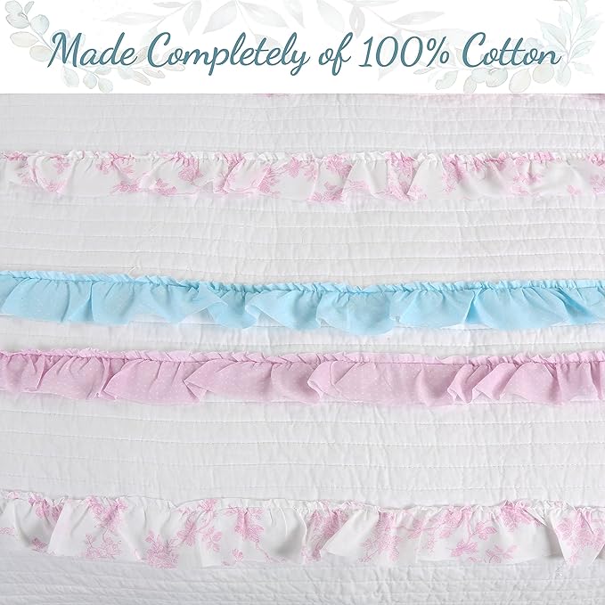 Cozy Line Home Fashions 100% Cotton Chic Ruffle Light Lavender Orchid Blue Flower Print Stripe Bedding Quilt Set, Reversible Coverlet, Bedspread (Chic Ruffle, Twin + Décor Pillows)