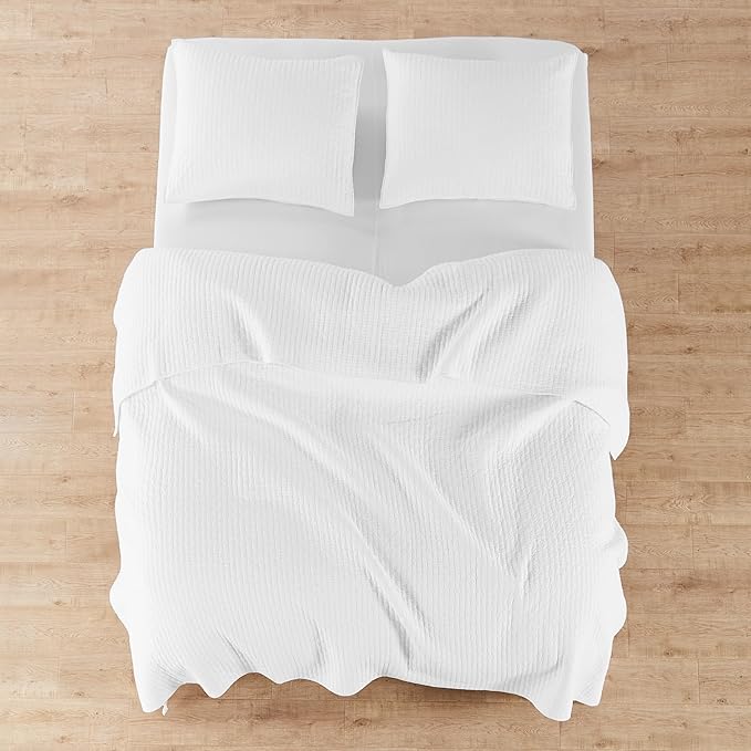 Levtex Home Cross Stitch Reversible Full Bedspread Set (100x104in) with 2 Pillow Shams (26x20in) - Stitch Texture - Bright White - Cotton Full Size Bedspread Set - Lightweight, Soft, Pre-Washed