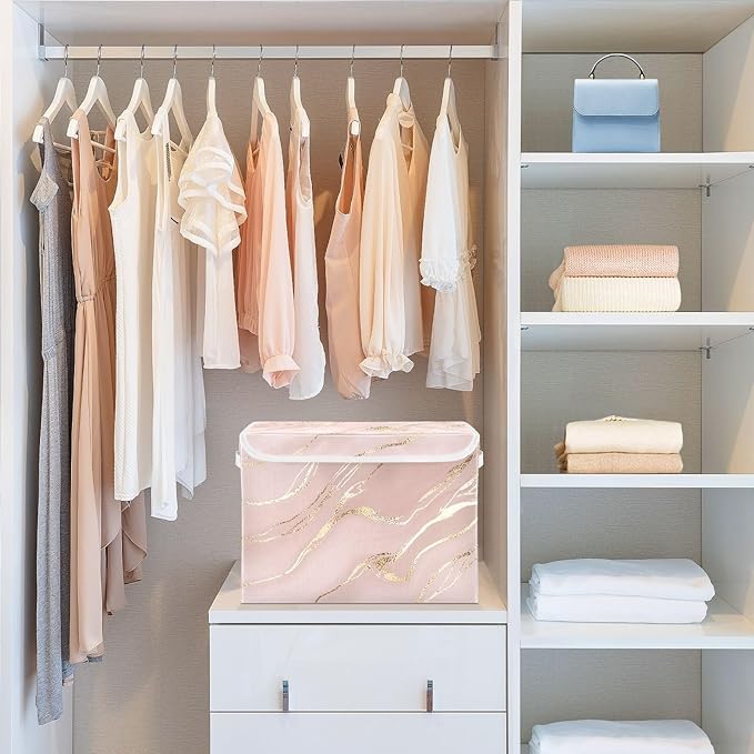 Collapsible Storage Bins with Lids, Rose Gold Pink Marble Storage Boxes for Organizing