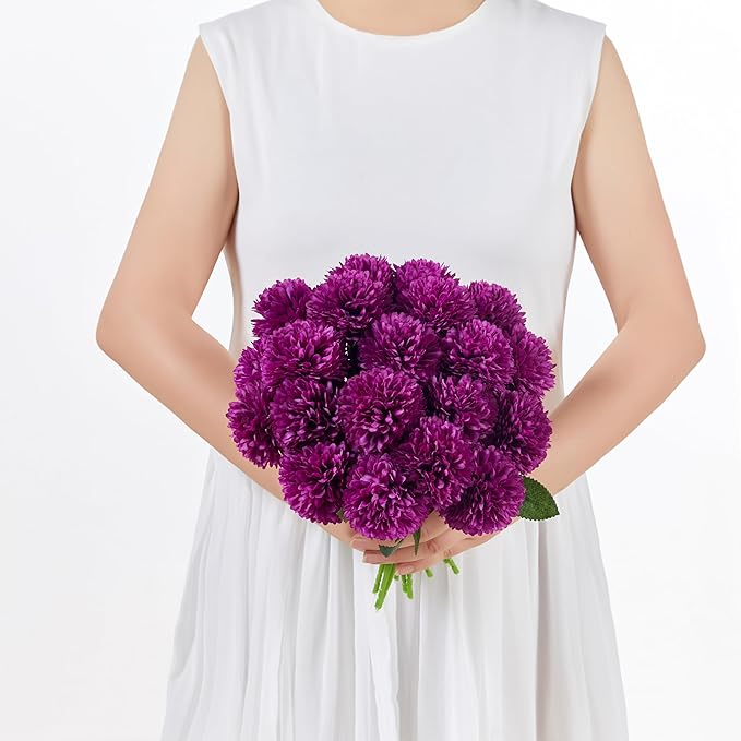 SITUMEIZI 12 Pcs Purple Flowers Artificial Chrysanthemums Ball Flower Fake Mums Silk for Wedding Home Kitchen Decoration Floral Arrangement