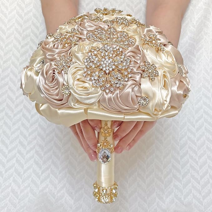 Handmade Satin Rose Floral Bling Pearl Decor Bridal Wedding Bouquet Rhinestone Pendant Artificial Brooch Flowers for Bride Bridesmaid Quinceanera