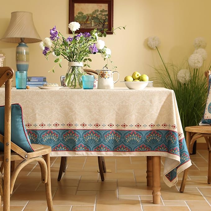 Vintage Beige Linen Rectangle Tablecloth,Paisley Farmhouse Feather Floral Pattern Table Cloth,Decor Table Cover for Kitchen,Dining,Thanksgiving,Christmas,55"*79"-Dorodango F