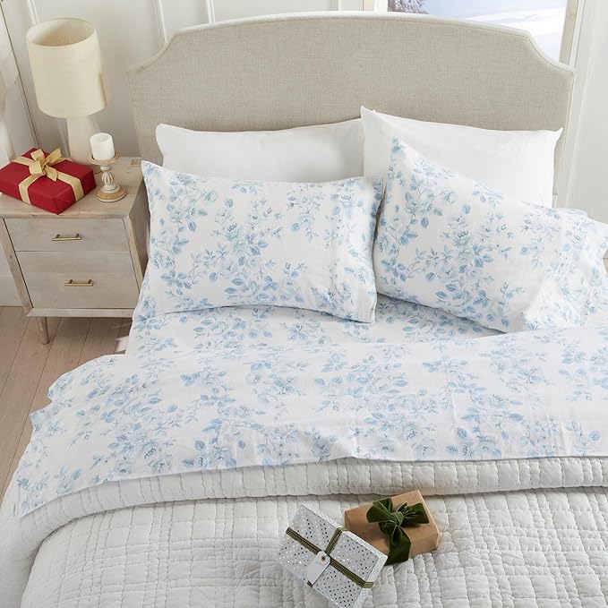 Market & Place 100% Cotton Twin Flannel Sheet Set | 3 Piece Deep Pocket Cozy Winter Floral Bed Sheets | Double Brushed for Extra Softness & Comfort | Alpine Collection (Twin, Vintage Floral)