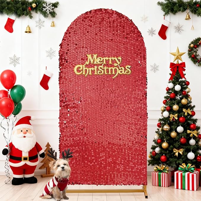Red Sequin Arch Covers 6.6FT Spandex Fitted Arch Backdrop Cover Wedding Arch Covers for Party Celebration Baby Shower Event Decoration