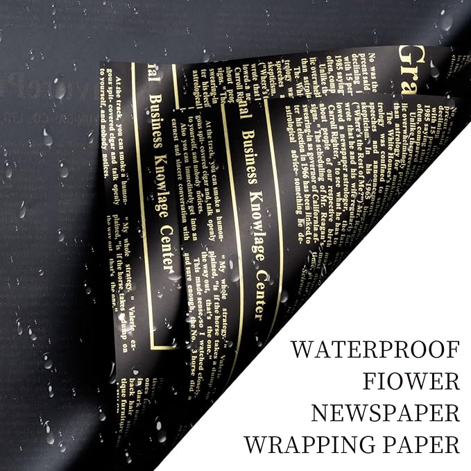 LeZakaa 20 Sheets Newsprint Flower Wrapping Paper, Waterproof Floral Bouquet Paper, Black & Gold Newsprint Design for Graduation, Mother's Day, Birthday Party, Bridal Shower, Wedding, Baby Shower