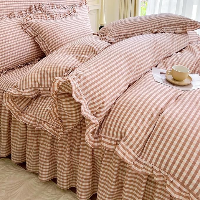 LifeTB Pink Gingham Comforter Set Twin XL Vintage Ruffle Pink Plaid Comforter Set Soft Fluffy 3 Pieces Grid Checkered Pattern Comforter with 2 Pillowcases Farmhouse Gingham Bedding Set Twin XL