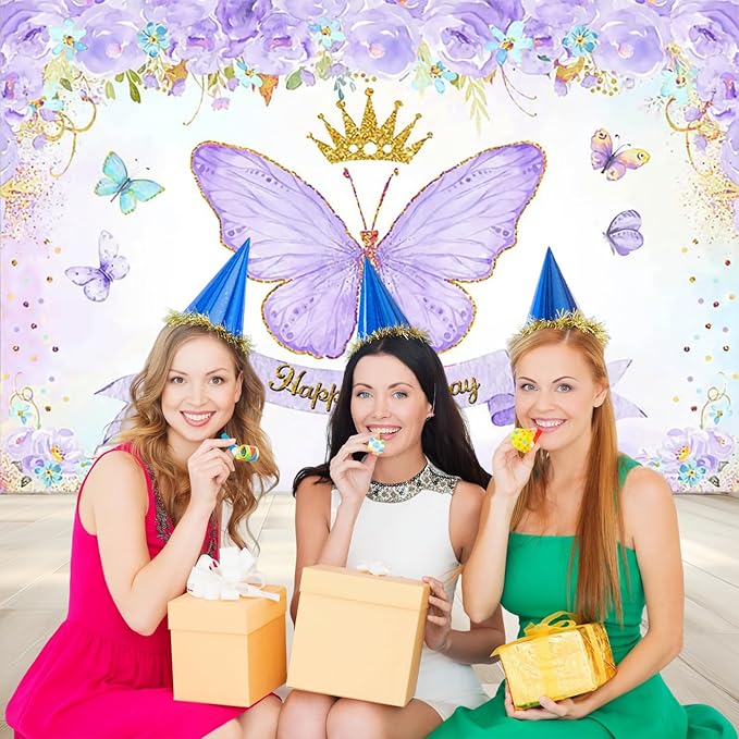 Renaiss 7x5ft Butterfly Happy Birthday Backdrop Fabric Purple Rose Flower Gold Crown Photography Background Girls Princess Birthday Party Decor Dessert Table Banner Portrait Selfie Photo Props