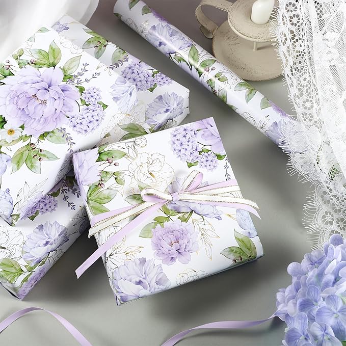 LeZakaa Floral Wrapping Paper Roll, Purple Peonies with Gold Foil Floral Outline Party Gift Wrap for Wedding, Bridal Shower, Anniversary, Mother's Day, Birthday, 17 inches x 16.4 Feet (23.2 sq.ft.)