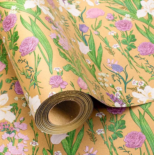 MAYPLUSS Kraft Floral Wrapping Paper Roll - 17Inch x 33Feet - Colorful Watercolor Boho Forest and Garden Flower Gift Wrap Green Wedding Gift Wrap for Birthday, Mothers Day, Bridal Shower, Engagement