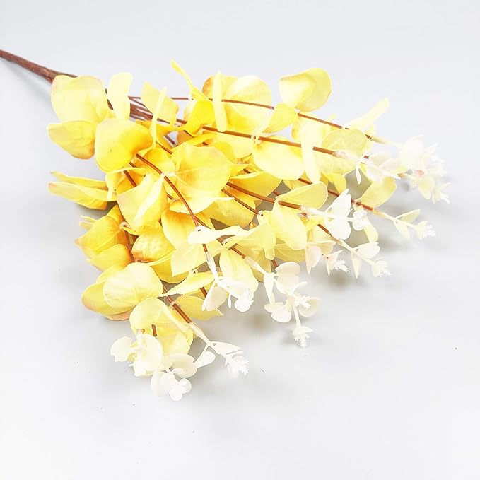 19" Faux Flowers Artificial Silk Silver Dollar Eucalyptus Stems Fake Plant for Vase Home Wedding Decor 3 Pcs (Yellow)