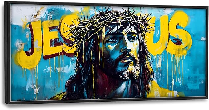 Banksy Jesus Large Wall Art Graffiti Framed Wall Decor for Living Room Pop Street Pictures Oversized Canvas Print Painting Modern Extra Large Framed Artwork for Bedroom Office 60"x30"