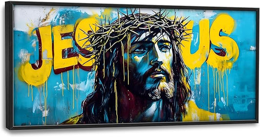 Banksy Jesus Large Wall Art Graffiti Framed Wall Decor for Living Room Pop Street Pictures Oversized Canvas Print Painting Modern Extra Large Framed Artwork for Bedroom Office 60"x30"