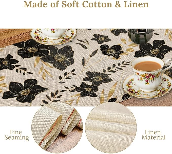 Black Gold Floral Table Runner, Mordern Minimalist Luxury Golden Floral Leaves Print Table Runner for Indoor Outdoor Home Decor Party Decor, 13x36inch