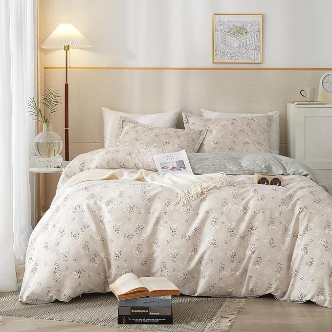 HighBuy Boho Floral Duvet Cover Twin XL Cotton Aesthetic Bedding Set,Comforter Cover 3 Piece,Reversible Green Garden Lightweight,Soft,Zipper Closure,Breathable,All Season