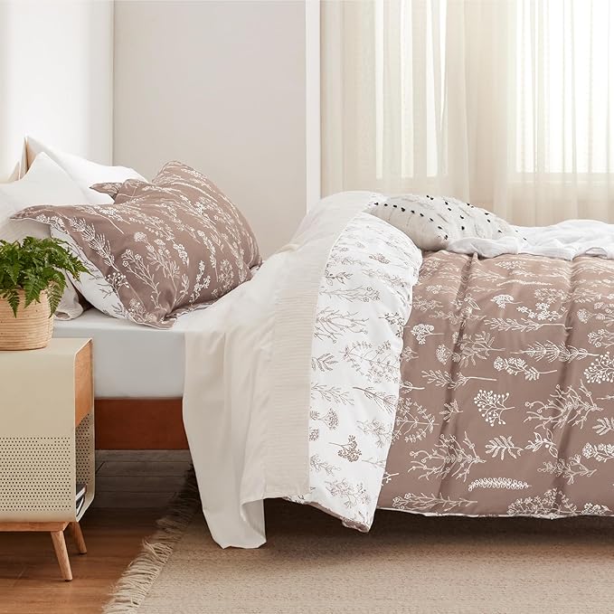 Bedsure Duvet Cover Queen Size - Reversible Light Taupe Queen Duvet Cover Set with Zipper Closure, 3 Pieces Floral Patterned Bedding Set with 8 Corner Ties and 2 Pillow Shams