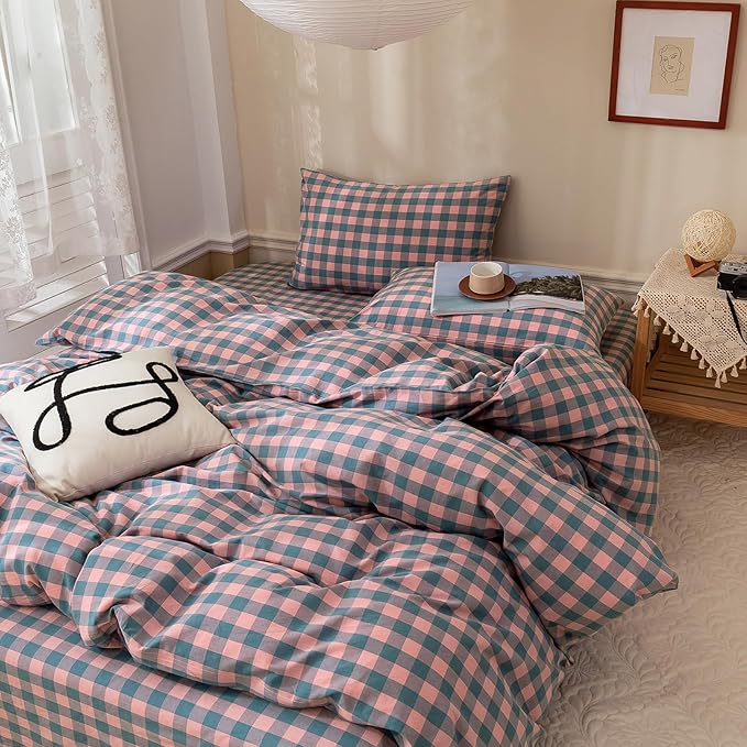 LifeTB Twin XL Comforter Set Purple Pink Plaid Bedding Comforter with 2 Pillowcases Geometric Checkered Pattern Comforter Set for All Season Fluffy Soft Lightweight Bedding Comforter Twin XL Size