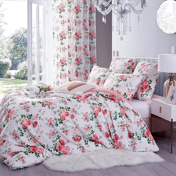 Rose Flower Duvet Cover Twin XL Pink Plaid Grid Floral Duvet Cover 100% Microfiber Girls Flower Comforter Cover with Zipper Closure Cottagecore Bedding Set Botanical Floral Comforter Cover Twin XL