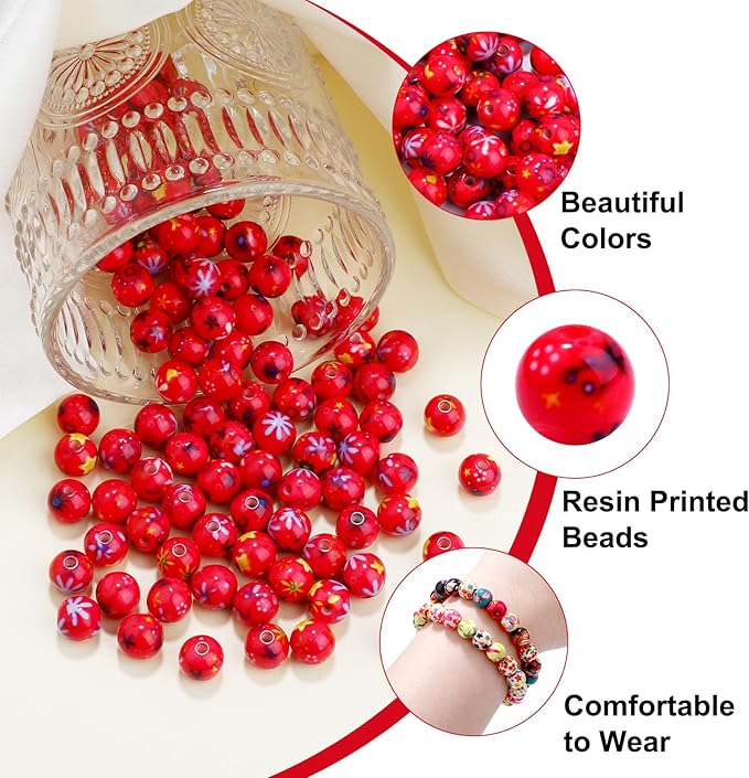 100 PCS 10mm Resin Beads Bulk for Bracelet Making Kit, Flower Printed Red Round Loose Beads for Jewelry Earring Necklace Rings Art Craft DIY Projects