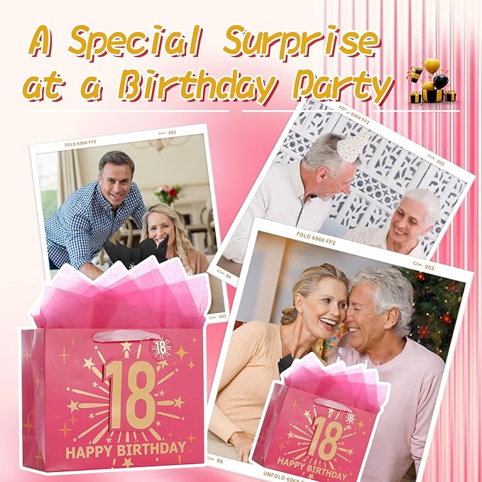 Bloomwords 18th Birthday Gift Bag Set with Card & Tissue – 13" Elegant Keepsake Party Bags for Unisex Anniversaries, Gift Wrapping & Celebrations(Pink)
