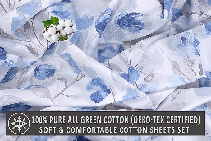 RUVANTI 100% Cotton Full Size Bed Sheets, 4 Pieces, Soft & Breathable Percale Weave Bedding, Deep Pocket 16", Hotel Standard, Crisp Cool Feel, Durable, Perfect Sheet Set Floral, Monotones