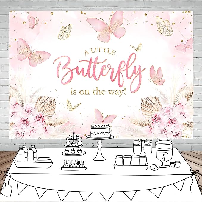 Mocsicka Butterfly Baby Shower Backdrop for Girl's A Little Butterfly is on The Way Pink Florals Flowers Photography Background Princess Girl Party Decoration Photography Props (10x7ft, Pink)