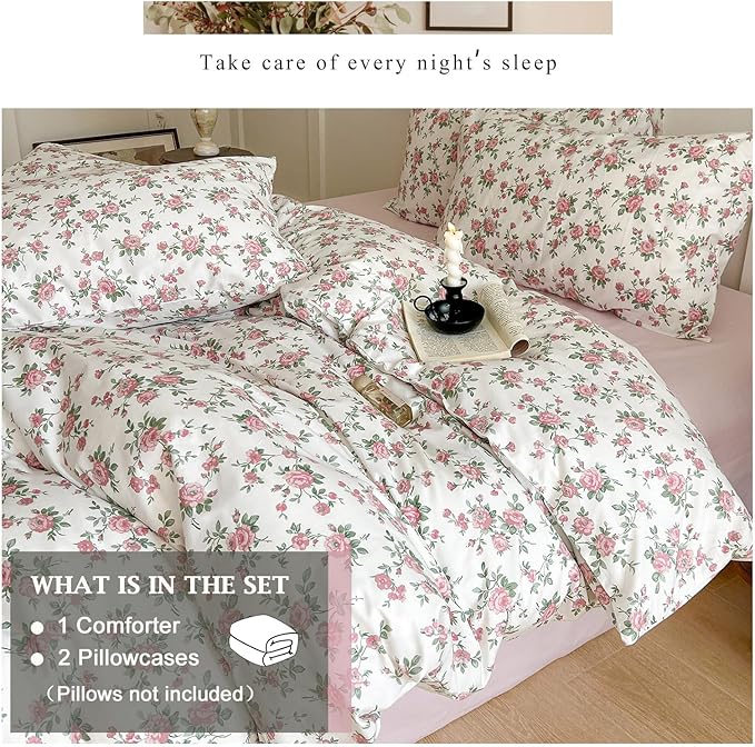 VM VOUGEMARKET Pink Floral Comforter Set Full 3 Pcs Vintage Peach Blossom Down Comforter with 2 Pillowcases All Season Soft Fluffy & Lightweight Comforter Set for Girls Women 80"x90"