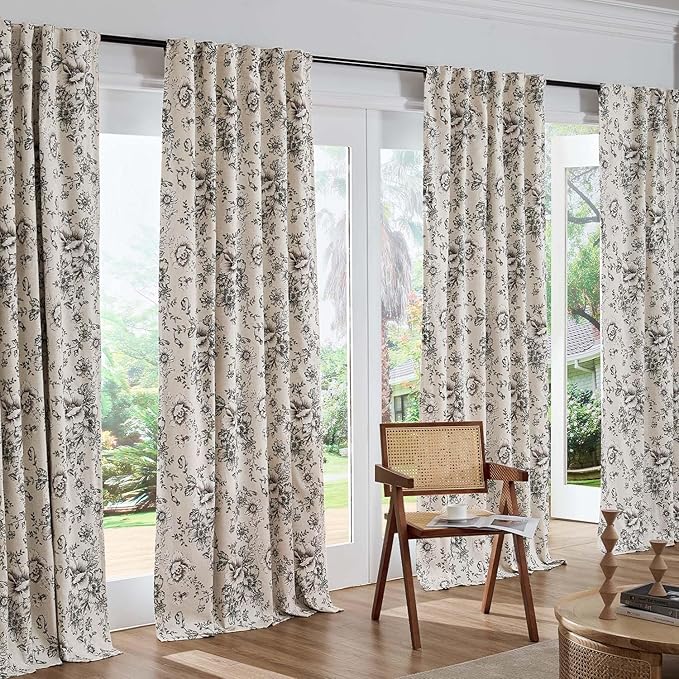 jinchan Blackout Linen Blend Curtain Floral Blackout Curtains for Living Room 63 Inch Length Black Printed with Lined Blackout Curtain for Bedroom Farmhouse Curtains Set 2 Panels