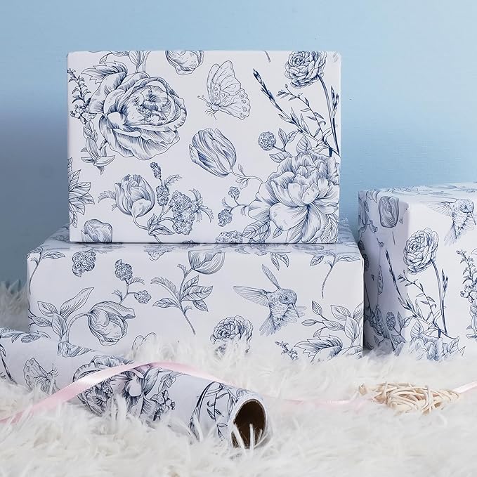 RayofSun Blue Floral Wrapping Paper Roll 17 in x 16.5 ft Mini Roll Vintage Toile Flower Gift Wrap Paper for All Occasion Wedding Birthday Bridal Shower Party Baby Shower Christmas