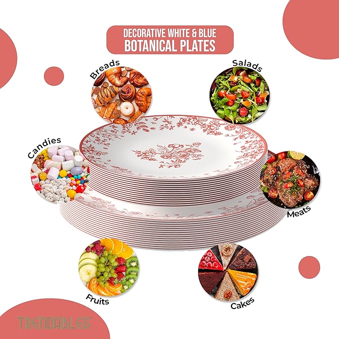 Trendables Plastic Plates For Party Supplies, Floral Disposable Plates For Party & Weddings 200 Pcs - 100 x 8 Dessert Plates & 100 x 10 Plastic Dinner Plates, Plate Set Disposable Dinnerware Sets
