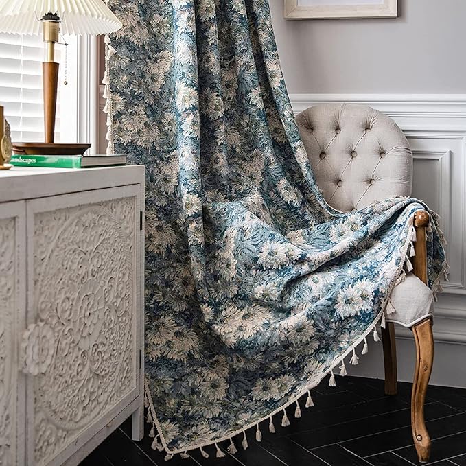 ENJOYBRIDAL Boho Jacquard Curtains 63 Inch Length 2 Panels Blue Floral Drapes for Living Room Farmhouse Semi Sheer Rustic Rod Pocket Window Curtain Panels with Tassel Bedroom Window Treatments