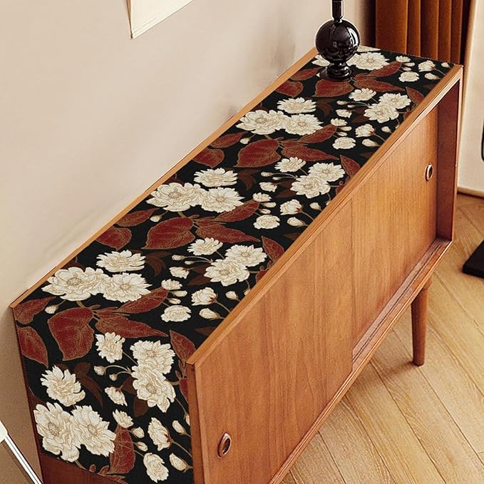 Boho Floral Table Runner, Black White Minimalist Vintage Rustic Flower Botanical Leaf Print Table Center Decor for Family Kitchen Table Decorations Indoor Outdoor 13x36 inch