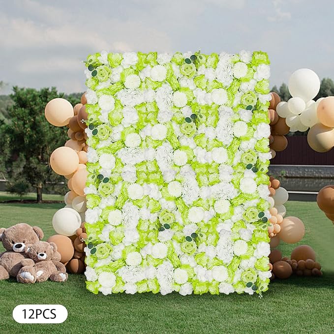 15"x 15" Artificial Flower Wall Panels,Flower Wall Mat Silk Flower Panels for Outdoor Garden Backyard Fence Fence Privacy Screen and Indoor Wall Decor(12Pcs Green+White)