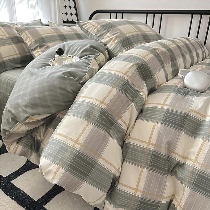 Plaid Queen Comforter Set Geometric Plaid Grid Comforter Set Fluffy Microfiber Bedding Comforter Farmhouse Checkered Comforter Set for All Season 3 Piece Plaid Bedding Comforter Set Queen Size Set