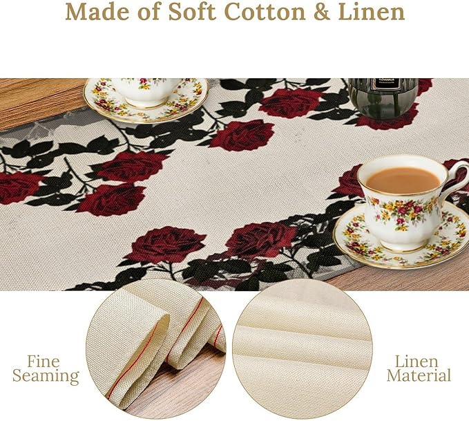 Red Rose Print Table Runner, Romantic Vintage Rose Summer Dark Flower Dinner Runner Table Decoration for Home Kitchen Dining Holiday Wedding Party 13x90in