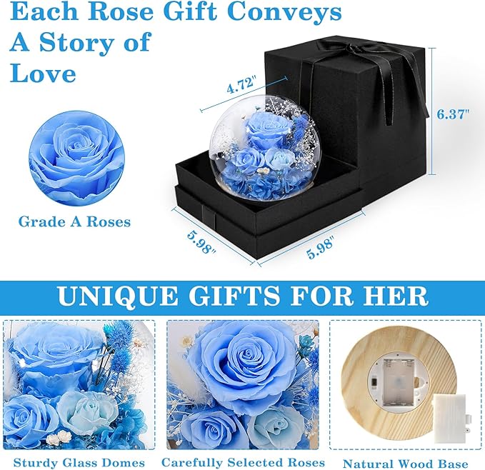 FIACO Preserved Rose Birthday Gift for Women Forever Fresh Flowers for Prime Delivery Gift for Mom Grandma Wife Valentines Mothers Day Christmas Anniversary Eternal Roses in Glass Dome
