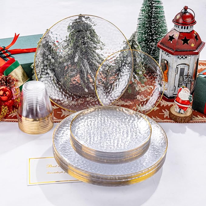Rubtlamp 350 Pcs Clear Gold Plastic Plates, Hammered Disposable Dinnerware, Clear-Gold Plates Set Include 100 Plastic Platos, 150 Gold Disposable Silverware, 50 Cups And 50 Napkins for Christmas