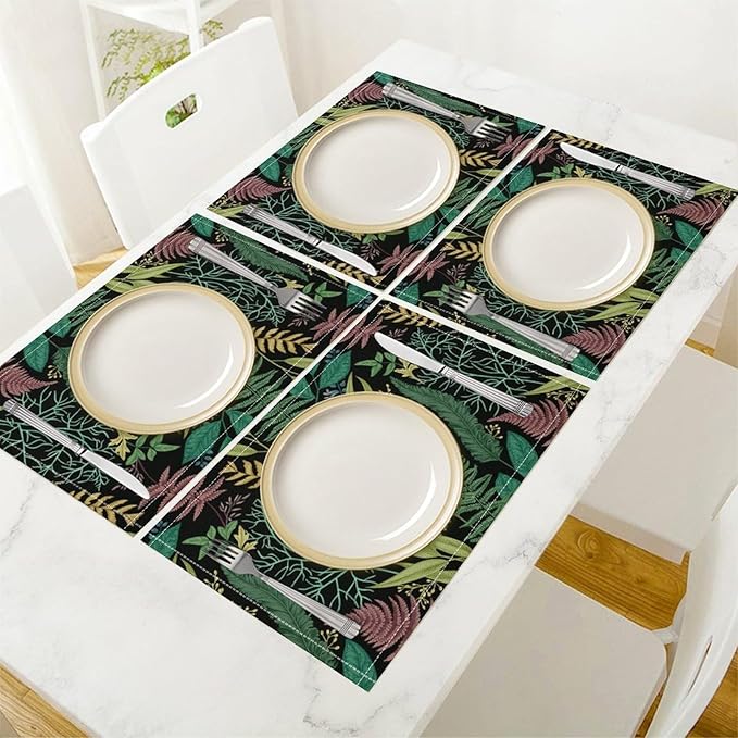Leaf Placemats Set of 4, 17x12 Inch Vintage Natural Botanical Herbal Green Leaves Table Mats for Home Party Kitchen Dining Decor