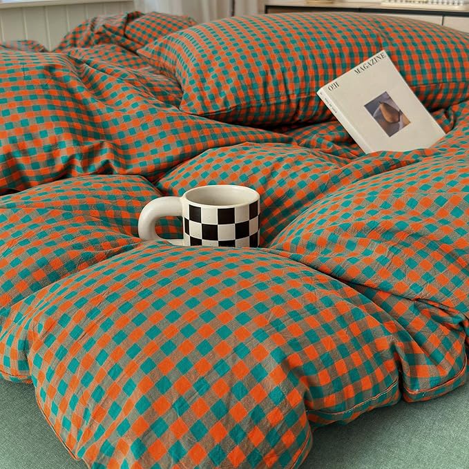 LifeTB Gingham Comforter Set King Modern Style Plaid Checkered Pattern Comforter Soft Fluffy Gingham Bedding Set Lightweight Orange Green Grid Bedding Comforter Fluffy Checkered Comforter Set
