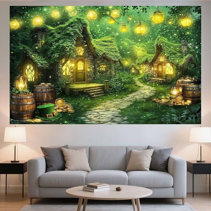 5X3ft St. Patrick's Day Backdrop Magic Enchanted Forest Green House Lucky Irish Shamrock Gold Coins Wonderland Photography Background for Kids Girls Party Decoration Cake Table Photo Booth Props